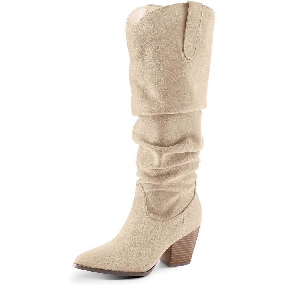 Women's Beige mysoft Cowboy Knee-High Boots Pointed Toe Mid Heel Pull On Slouchy
